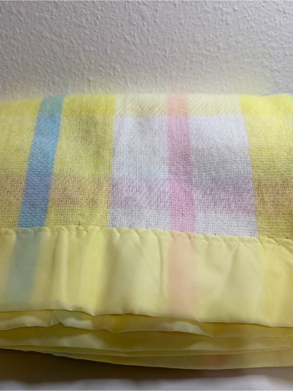 Vintage Pastel Plaid Baby Blanket Satin Silky Trim Yellow Blue Pink Unisex Retro